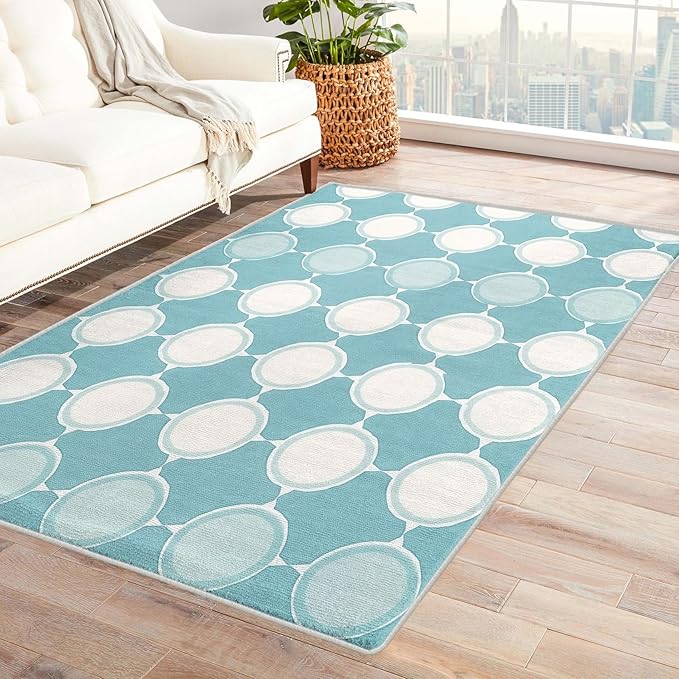 Aqua and White Geometric Area Rug, 8x10, Blue, Washable, Non-Slip, Soft, Kids & Pets Friendly, Home & Room Decor
