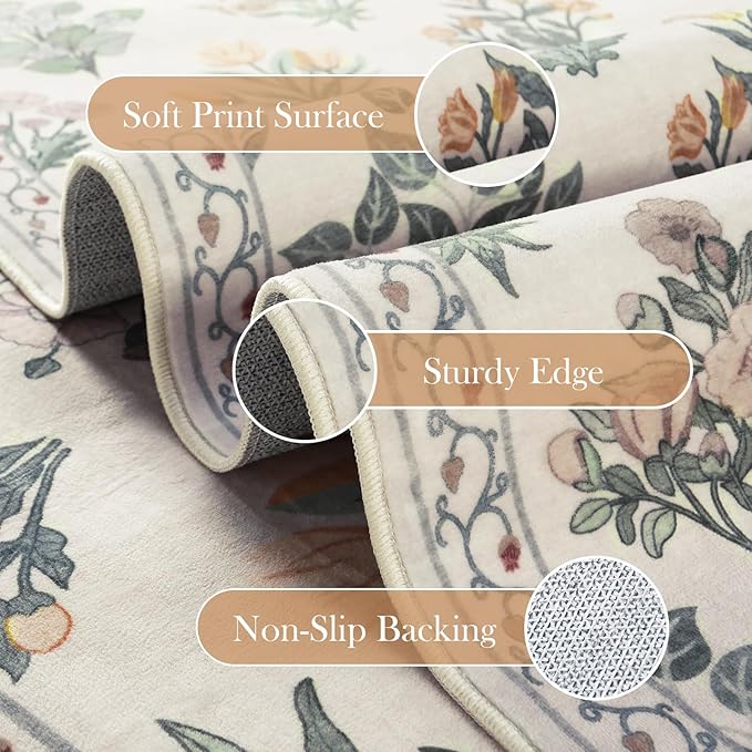 Wonnitar 5x7 Rug for Bedroom Decor, Washable Nursery Rug for Baby, Neutral Ultra-Thin Non Slip Floral Print Carpet for Kids Room Farmhouse Living Room Office, Cream Beige