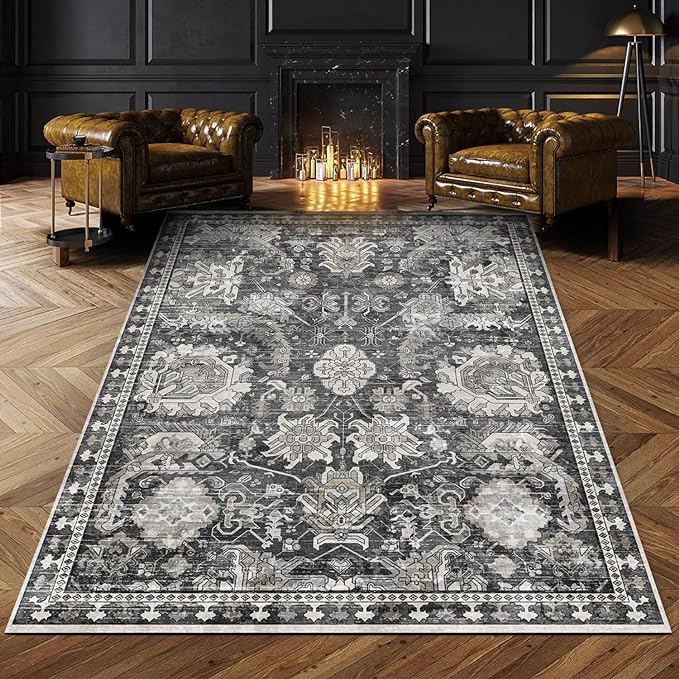 RUGSURE 5x7 Washable Area Rugs - Perfect Resistant Rug for Living Room, Bedroom, Kids Room, Nursery - Stain & Water Resistant Non-Slip, Pet & Child Friendly, Vintage Tribal Area Rugs (Grey, 5'x7')