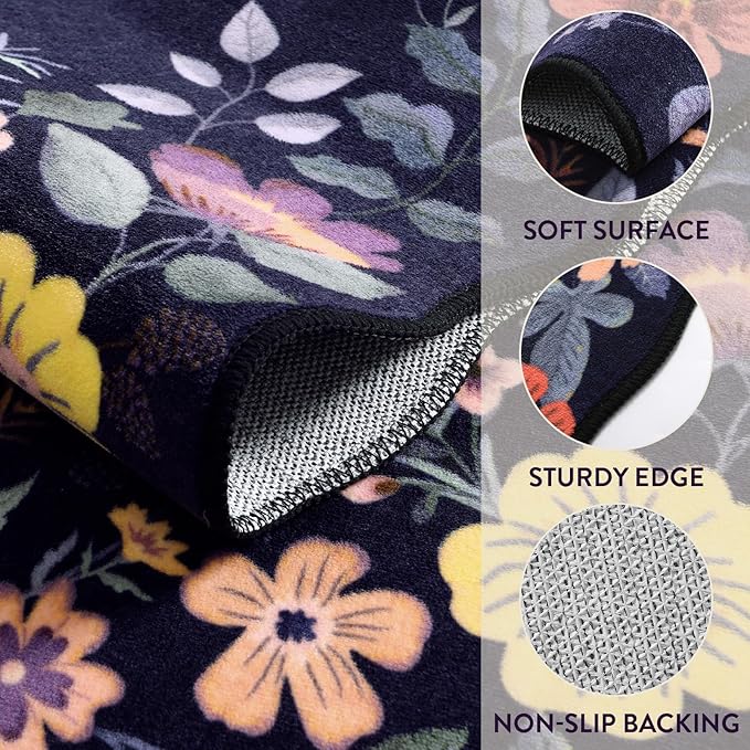 Lahome Floral Washable Rugs for Bedroom, 4X6 Area Rug Ultra-Thin Soft Living Room Rug, Non-Slip Classroom Rug Stain Resistant Lightweight Boho Low-Pile Throw Carpet for ‎Office (4x6ft,Purple)
