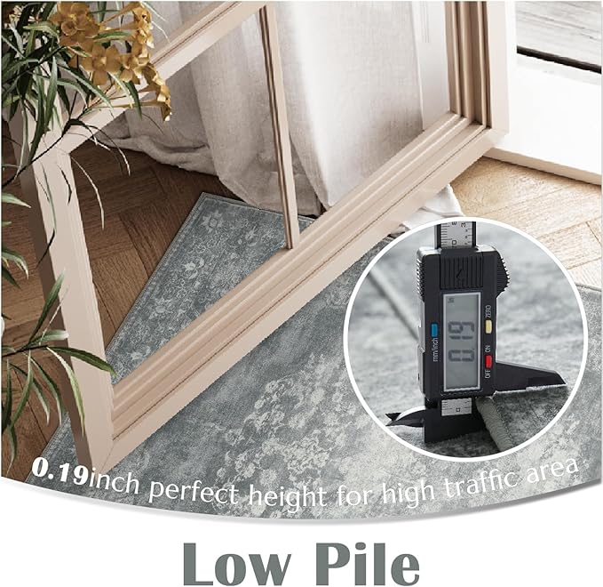 jinchan Vintage Floral 5x7 Area Rugs - Machine Washable Distressed Design Soft Ultra-Thin Low-Pile Non-Slip Carpet for Kitchen Bedroom Nursery Living Room Dining Room Home Office (5x7ft, Grey)