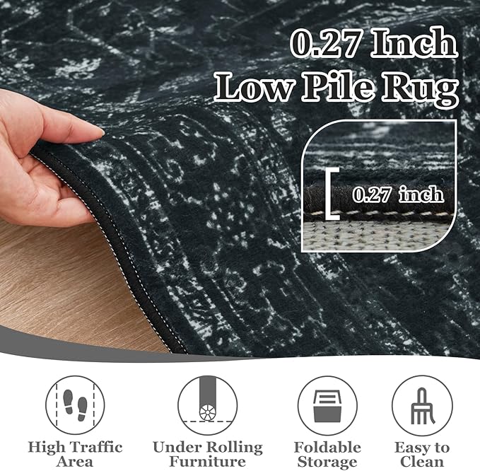 Black White 4x6 Throw Rugs for Entryway, Washable Dark Rug with Rubber Backing for Living Room Bedroom, Vintage Medallion Distressed Area Rug for Kitchen/Bathroom/Dorm/Home Office
