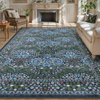 Lahome Floral Washable Rugs 8x10, Soft 8x10 Area Rugs for Living Room Bedroom, Boho Non-Slip Blue Forest Design Large Throw Carpet for Farmhouse Dining Room Office, Blue