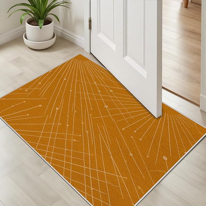 Modern Washable Area Rug 5x7, Boho Minimalist Non-Slip Rugs, Abstract Striped Soft Carpet for Living Room Bedroom Nursery Room Home Decor Office, Pet Friendly, Orange Beige