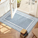 Small Area Rug 2x3 Modern Checkered Entry Rug Solid Color Scalloped Kitchen Rugs Washable Bedroom Doormat Non Slip Stain Resistant Bordered Throw Carpet for Living Room Nursery Laundry, Blue