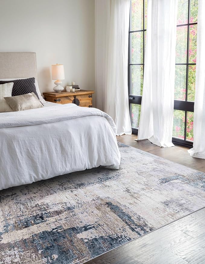 vivorug Washable Rug, Ultra Soft Area Rug 3x5, Non Slip Abstract Small Rug, Stain Resistant Rugs for Living Room Bedroom, Modern Fluffy (Gray/Navy, 3'x5')