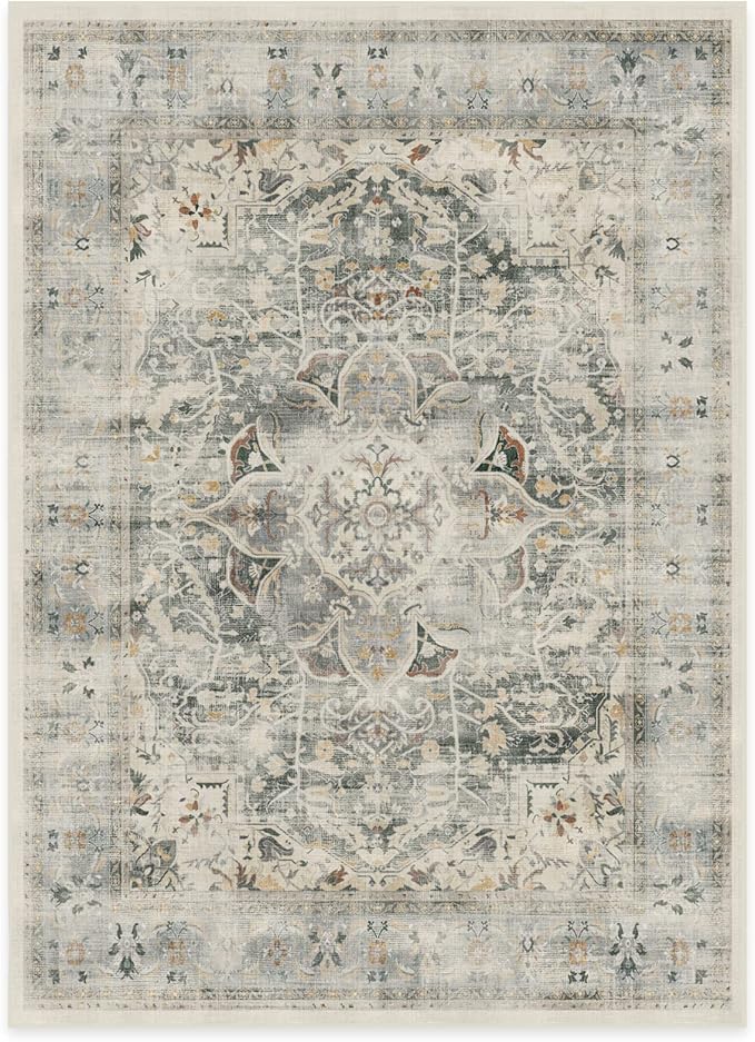 RUGGABLE Washable Vintage Area Rug – Sarrah Sage 5x7, Stain-Resistant, Non-Slip – Medium Machine Washable Rugs for Living Room, Bedroom, Hallway, Entryway & Office–with Standard Pad