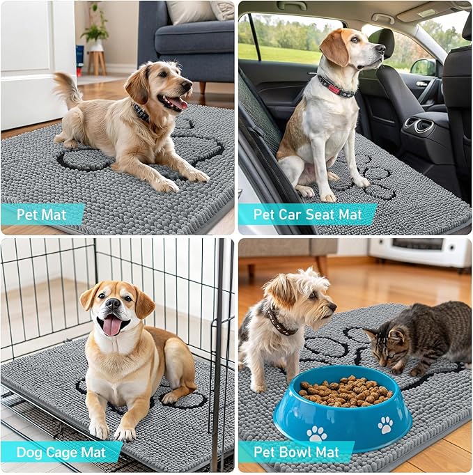 OLANLY Dog Door Mat for Muddy Paws 40x32, Paw Print Design, Absorbs Moisture and Dirt, Absorbent Non-Slip Washable Doormat, Quick Dry Chenille Mud Mat for Dogs, Entry Indoor Entryway Carpet, Grey