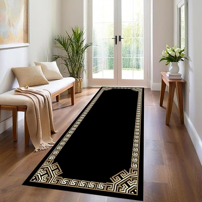 Greek Key Runner Rugs, 2x6ft, Vintage Traditional Tribal Black and Gold Color Stain Resistant Long Rug Runners, Entryways Non Slip Washable Sturdy Room Decor Mat for Kitchen Bedroom