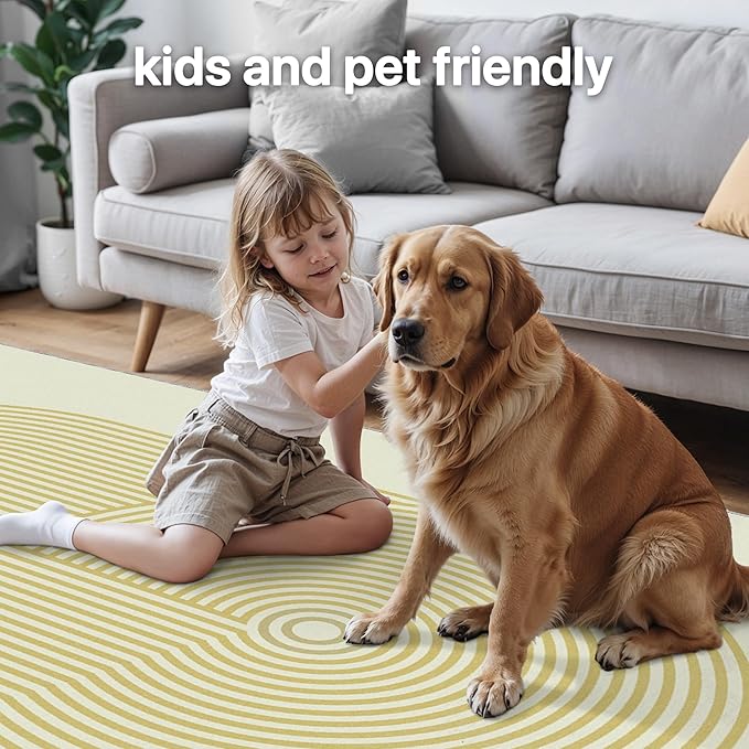 Bavni Area Rugs 8x10, Modern Soft Bedroom Rug, Machine Washable Rug Non Slip, Indoor Low Pile Large Rugs for Living Room, Dining Room, Beige Yellow Lines
