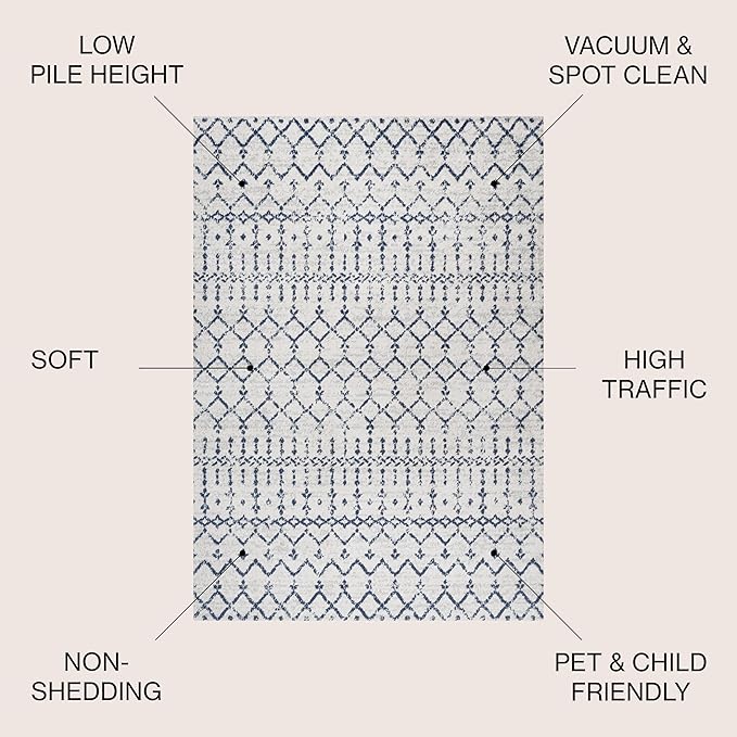 JONATHAN Y Boho Vintage Diamond Cream/Navy Indoor Area Rug 4X6 ft, Moroccan Hype for Living Room, Bedroom, Kitchen, Office, Easy-Cleaning, High Traffic, Pet-Friendly, Non-Shedding (MOH101F-4)