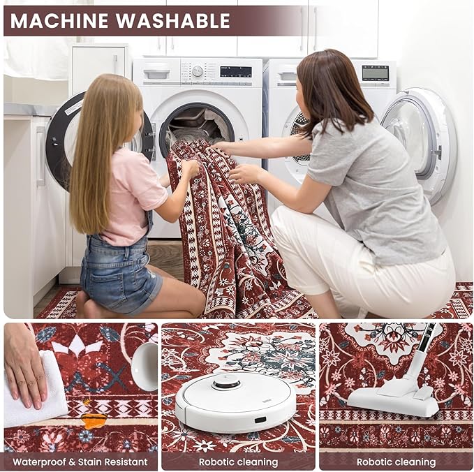 Luxury 8' x 10' Red Washable Area Rugs, Boho Low Pile Easy Clean Non-Slip Rug, Floral Medallion Pattern Vintage Rugs for Living Room, Dinning Room, Office, Bedroom, Bathroom, Laundry Room, Farmhouse