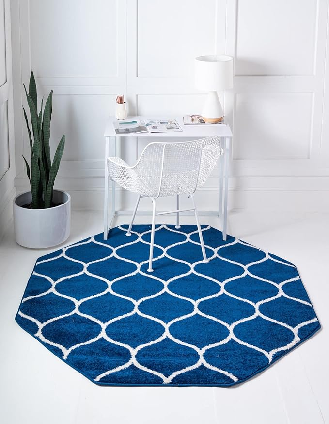 Rugs.com Lattice Frieze Collection Rug – 7' 10 Octagon Navy Blue Medium Rug Perfect for Living Rooms, Kitchens, Entryways