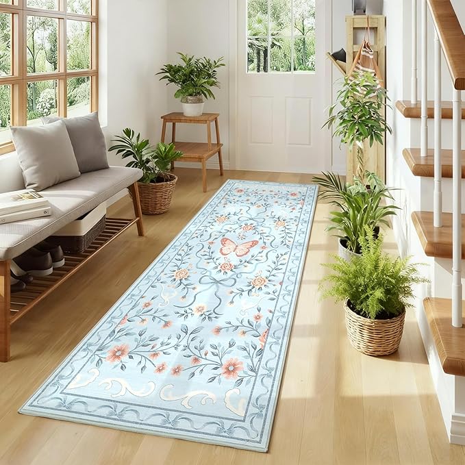 GarveeHome Washable Runner Rug 2x6 Non Slip Hallway Runners Stain Resistant Low Pile Floral Runner Rugs for Kitchen Soft Long Entryway Runner Rugs Blue Boho Throw Carpet for Bedroom Nursery, 2x6