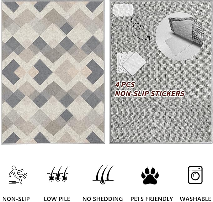 Modern Area Rug Living Room Rugs 7x10, Minimalist Soft Boho Geometric Rug, Non-Slip Washable Low Pile Non Shedding Carpet for Bedroom Office Dining Room Kitchen Nursery, Gray Beige White