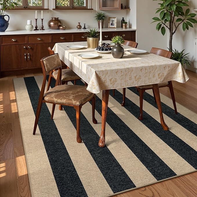 Lahome Striped Easy Jute Dining Room Rug, 6x9 Indoor Outdoor Rugs for Patio Living Room, Farmhouse Neutral Non Slip Low Pile Black Carpet for Bedroom Office Backyard Classroom