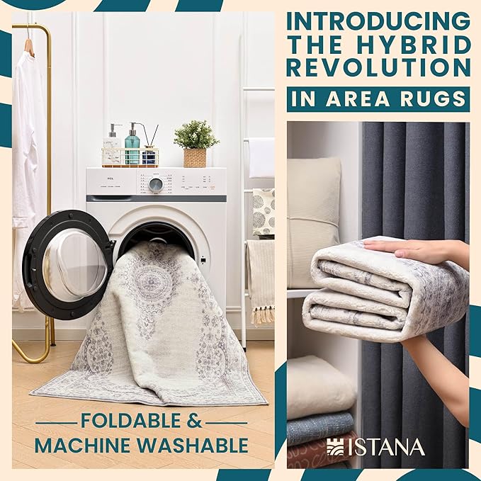 Istana Rug 3x5 - Grey/White Cream Area Rug 3x5 - Pet Friendly Washable Rug - Non Shedding Soft Rugs for Living Room - Eco-Friendly Foldable Dining Room Table Rugs