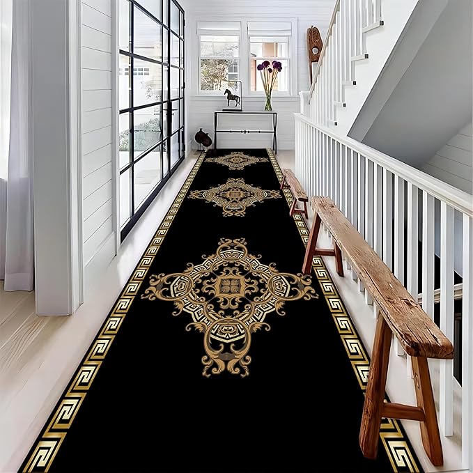 Vintage Baroque Art Long Hallway Rugs Runners, 4x12ft, Luxury European Geometric Living Room Rug, Gold Greek Meandering Soft Washable Mats, Shed Resistant Pet Friendly Carpet for Indoor