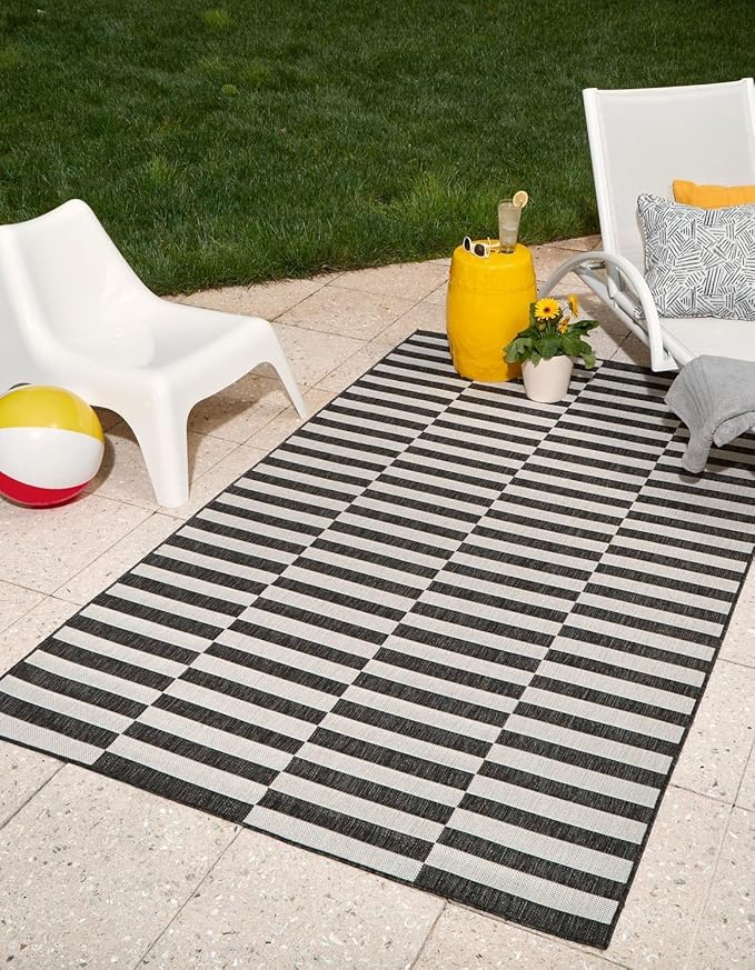 Unique Loom Outdoor Striped Collection Area Rug - Striped (2' x 3' 1" Rectangle Charcoal/Ivory)