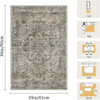 2x3 Machine Washable Area Rug for Entryway, Grey Rusty Boho Vintage Floral Rug Non-Slip Low Pile Soft Faux Wool Small Carpet, Kids and Pets Friendly for Bedroom Kitchen Hallway Bedside Home Decor Rug