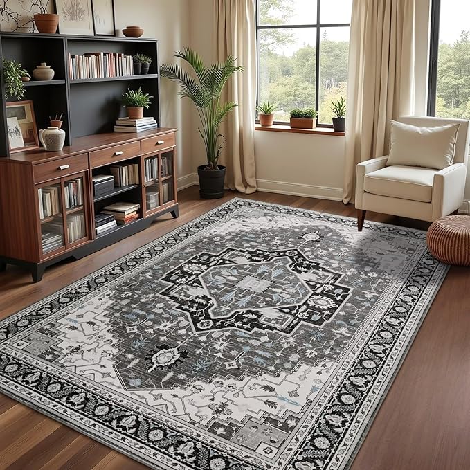 3x5 Black Grey Area Rug for Living Room, Machine Washable Rugs with Non-Slip Backing for Bedroom, Vintage Medallion Carpet Kitchen Laundry Kids Room Decor