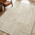 Phantoscope Washable Area Rug 5'x7' Non-Slip, Modern Neutral Boho Rugs for Living Room, Bedroom, Dining Room, Abstract Hand-Drawn Wavy Line Pattern, Low-Pile Foldable Floor Carpet, Beige/Ivory