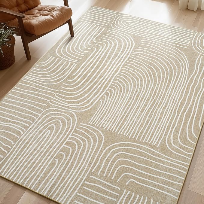 Phantoscope Washable Area Rug 5'x7' Non-Slip, Modern Neutral Boho Rugs for Living Room, Bedroom, Dining Room, Abstract Hand-Drawn Wavy Line Pattern, Low-Pile Foldable Floor Carpet, Beige/Ivory