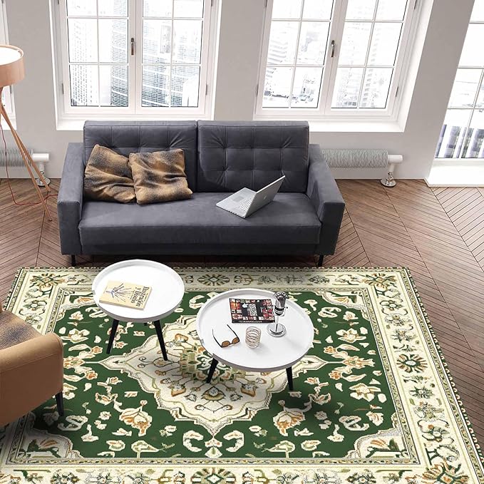 Green Bohemian Rectangular Area Rugs for Living Room Bedroom 3 x 5 ft Vintage Farmhouse Floral Pattern Non-Shedding Soft Low Pile Rug Non Slip Washable Rug for Nursery Entryway Playroom