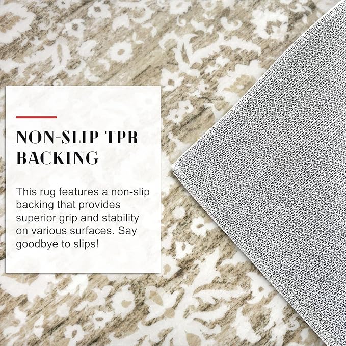 Vintage Entryway Rug 2x3 Washable, Beige Tan White Kitchen Rug, Super Soft Thin 100% Polyester Small Area Rug, Non-Slip Accent Mat for Foyer, Bedroom, Office