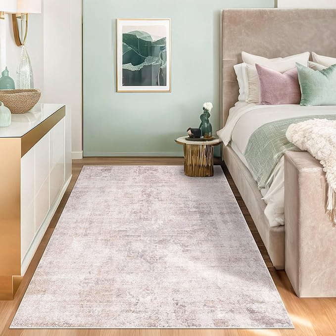 Washale Modern Bedroom 4x6 Area Rugs - Pink and Grey Rug for Living Room, Kitchen, Non Slip & Soft, Medallion Distressed Print Pattern