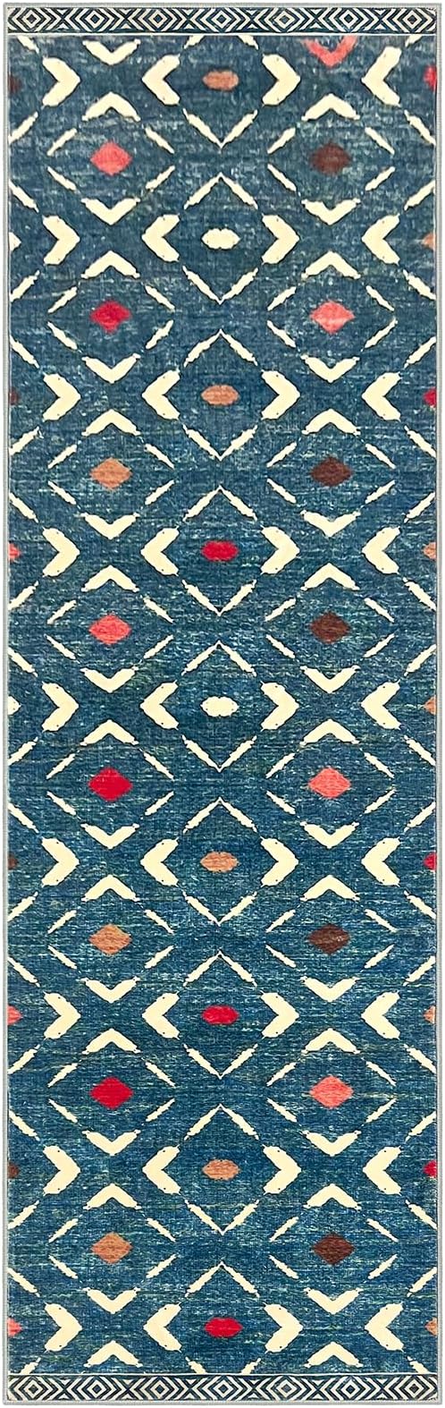 KILOCOCO Hallway Runner Rug 3x10 Runners for Hallways Washable Runner Soft Non Slip Printed Geometric Rubber Backed Low-Pile Rug Runners for Bedroom Kitchen Living Room Boho Rugs, Teal/Blue