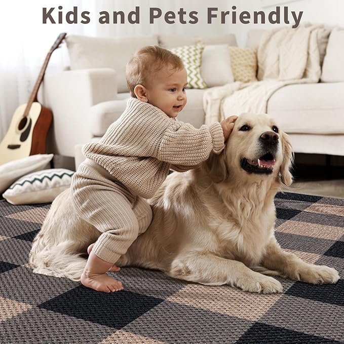 Tangsoo Checkered Easy Jute Runner Rug for Hallways,2x6 Washable Non-Slip Carpet Runner for Kitchen Bedroom Laundry Entryway Black Brown Indoor Outdoor Floor Mat