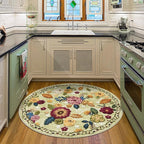 4ft Round Machine Washable Area Rug for Living Room, Green Vintage Boho Floral Rug Large Non-Slip Low Pile Soft Faux Wool Carpet, Kids and Pets Friendly for Bedroom Nursery Farmhouse Home Decor Rug