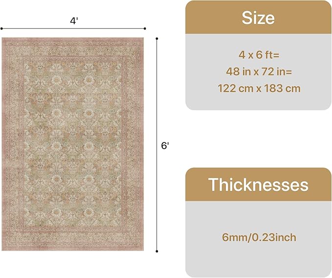 Bavni 4x6 Vintage Floral Rug, Washable Non Slip Area Rug for Entryway, Bedroom, Kitchen or Living Room, Low Pile Carpet, Brown Pink