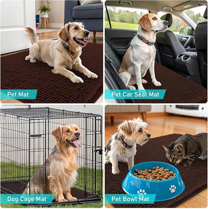 OLANLY Dog Door Mat for Muddy Paws 30x17, Absorbs Moisture and Dirt, Absorbent Non-Slip Washable Doormat, Quick Dry Chenille Mud Mat for Dogs, Entry Indoor Entryway Carpet for Inside Floor, Brown