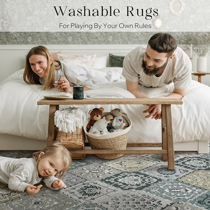 Phantoscope Washable Round Area Rug 6ft Non-Slip, Vintage Boho Rugs for Living Room, Bedroom, Dining Room, Distressed Moroccan Mosaic Diamond Pattern, Low-Pile Foldable Floor Carpet, Grey Charcoal