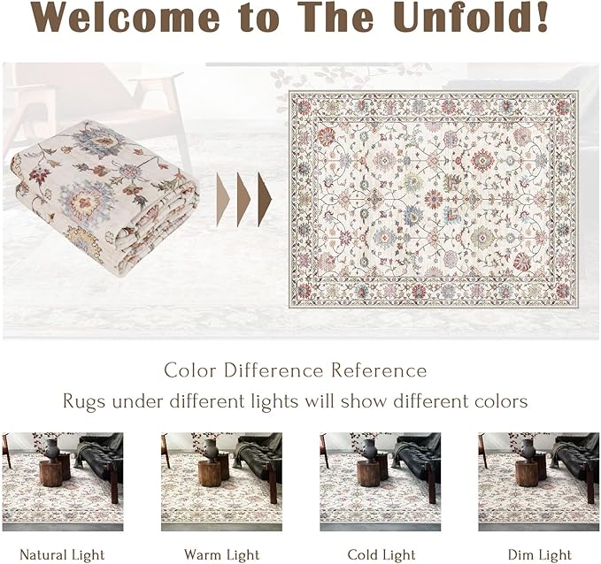 Area Rugs 9x12 Living Room - Large Washable Cream Boho Rugs for Bedroom Soft Vintage Rug Ultra-Thin Colorful Traditional Floral Carpet Farmhouse Rug for Dining Room Guest Room Home Decor