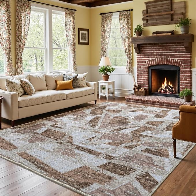 8X10 Area Rugs for Living Room Bedroom,Modern Abstract Large Carpet Washable Rugs 8x10 for Dining Room Office,Non Slip Brown Print Faux Wool Thin 8 by 10 Indoor Nursery Kids Home Pet & Child Friendly