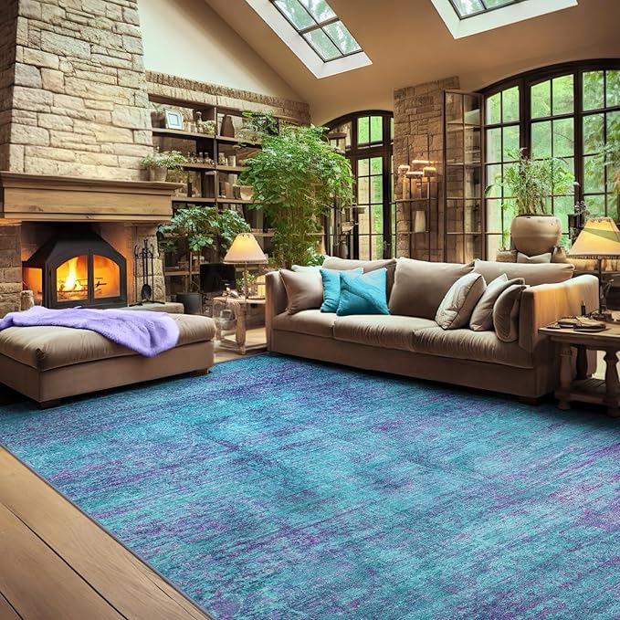 Abstract 6x9 Area Rug, Modern Teal Purple Throw Rugs for Living Room, Washable Soft Large Non-Slip Accent Carpet Floor Mat for Dining Room Office Bedroom - Teal+Purple