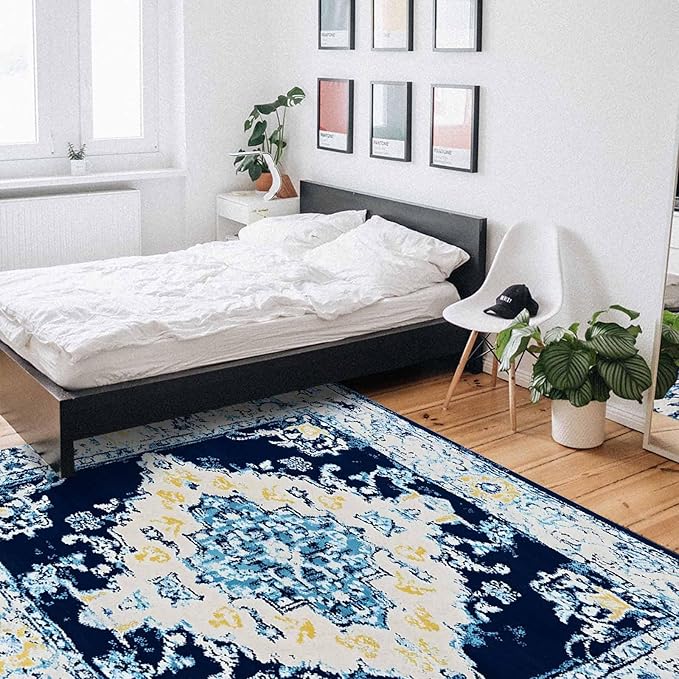 Bohemian Pattern Rectangular Area Rugs for Living Room Bedroom 2.8 x 5 ft Blue & Yellow Abstract Non-Shedding Soft Low Pile Rug Non Slip Washable Rug for Nursery Entryway Playroom