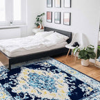 Bohemian Pattern Rectangular Area Rugs for Living Room Bedroom 3 x 5 ft Blue & Yellow Abstract Non-Shedding Soft Low Pile Rug Non Slip Washable Rug for Nursery Entryway Playroom
