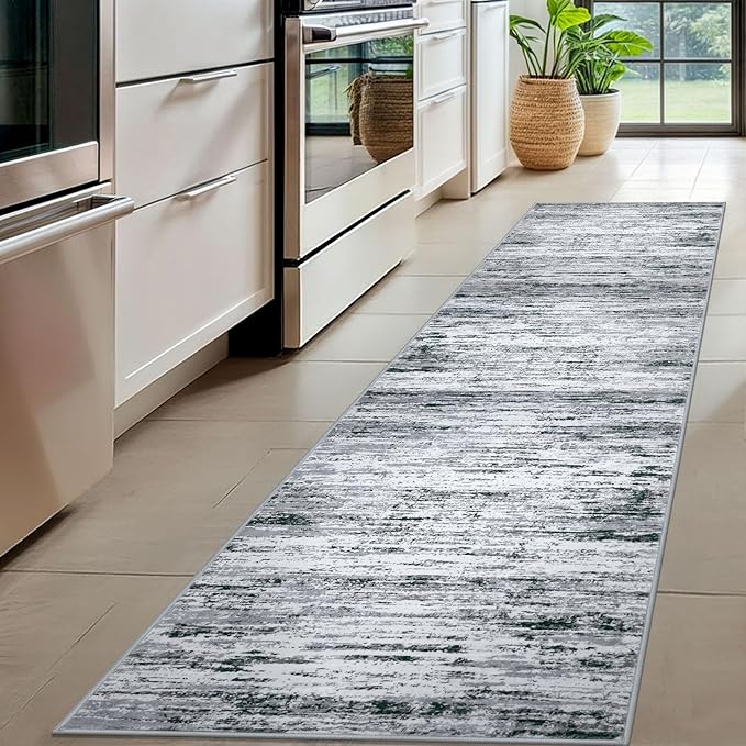 Modern Abstract Hallway Runner Rug, Black Grey White White Washable Kitchen Runner Non-Slip Soft 2x8 Runner Rug Thin Print Faux Wool Carpet for Entryway Bedroom Laundry Room Indoor Home Decor