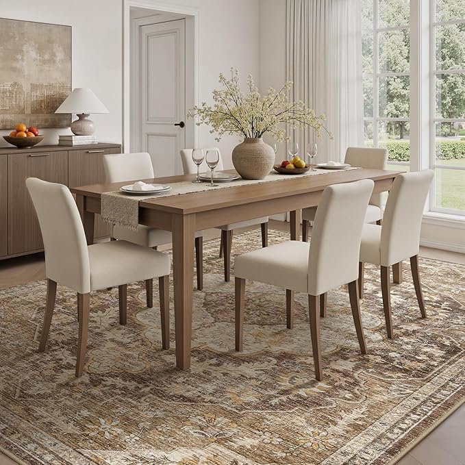 tchdio 5x7 Area Rugs for Living Room, Vintage Non Slip Washable Rug, Soft Low Pile Area Rug Large Floor Indoor Carpet for Bedroom, Dining Room, Office (Brown, 5'x7')