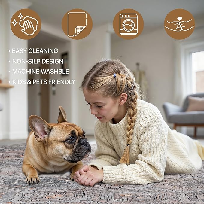 Bavni Washable Rug 5x7 Area Rug for Living Room Bedroom Dining, Washable Vintage Print Carpet, Ultra-Thin Chenille Low Pile Lightweight Rug with Non Slip Backing, Retro Grey