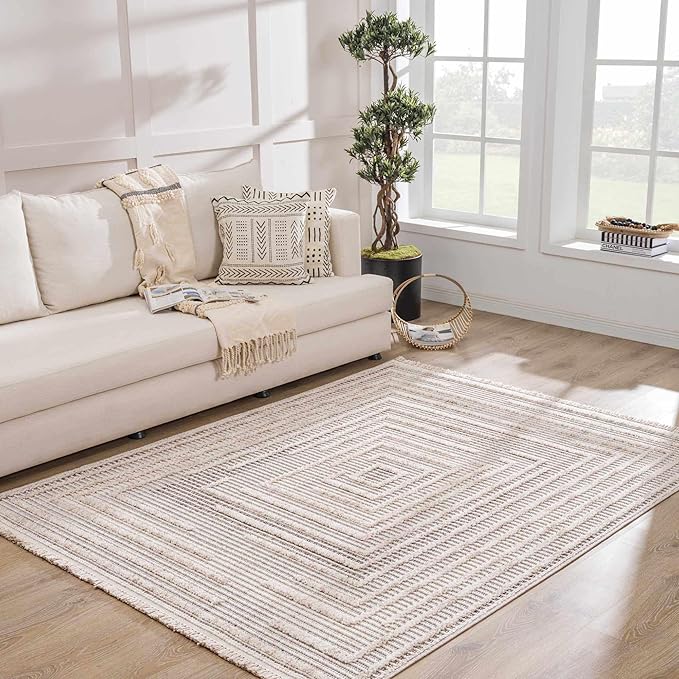 Hauteloom Lunao Farmhouse Living Room Bedroom Moroccan Square Pattern Abstract Area Rug - Soft Shaggy High Low Carpet - High Pile - Bohemian, Boho - Gray, Brown, Beige, Cream - 7'10" x 10'