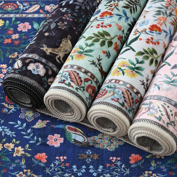 Rugcomf 8x10 Area Rugs for Living Room Washable Rug Floral Non-Slip Large Rug for Living Room, Bedroom, Farmhouse, Dining Room, Kids Playroom(Blue)