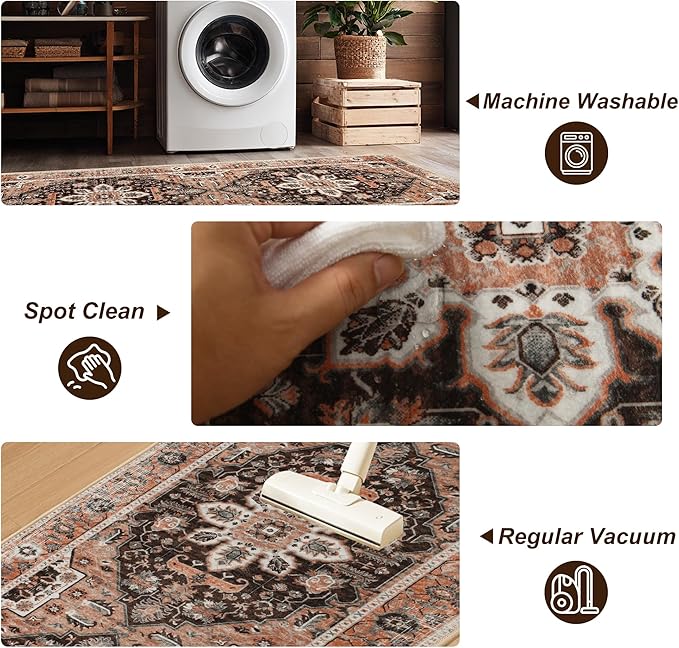 XWZO Entryway Area Rug 2x3ft — Soft Vintage Low Pile Non-Slip Backing Door Mat for Bedroom Bathroom Kitchen Laundry, Spill Resistant Washable Small Indoor Carpet for Doorway & Entrance, Brick Red