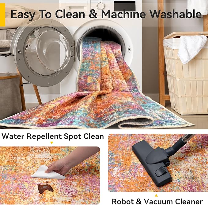 Washable Area Rugs 3'x5' Non-Slip Modern Abstract Soft for Living Room Entryway Bedroom Nursery, Print Pattern, Orange Blue Pink Yellow Colorful