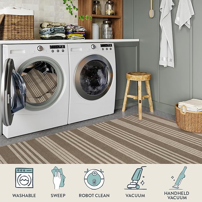 Lahome Striped Washable Runner Rug, 2x8 Easy Jute Hallway Kitchen Runner, Farmhouse Non Slip Non Shedding Indoor Outdoor Carpet for Entry Corridor Foyer, Khaki