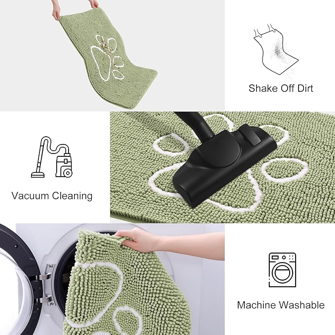 Smiry Dog Door Mat for Muddy Paws, Absorbent Dirt Trapper Non Slip Quick Dry Washable Chenille Mat for Mud Dogs, Entry Rug for Indoor and Outdoor (70x24 Inches, Sage Green and White)